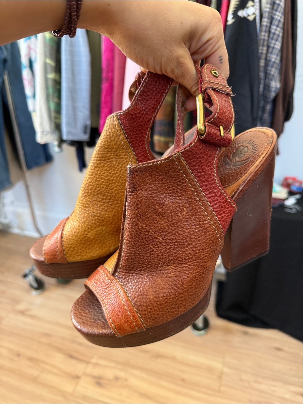 Lucky Brand Leather Two-Tone Brown & Red Leather Block Heel Sandals